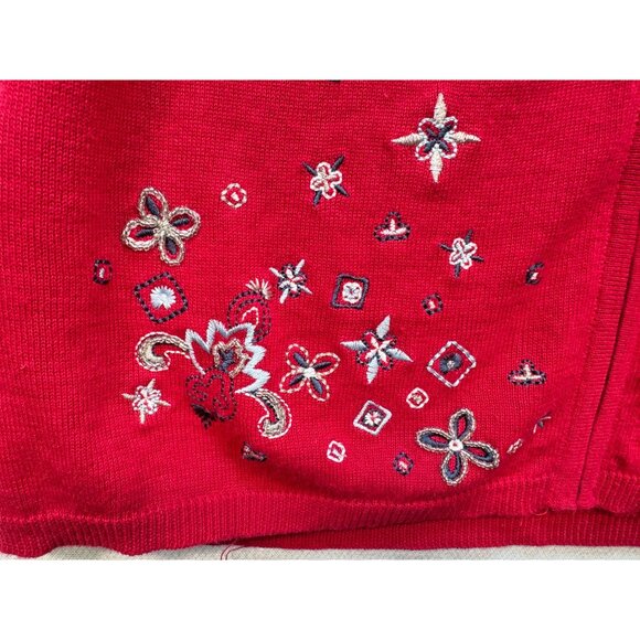 Vintage Teddi Knitted Cardigan Sweater Size M Red Embroidery Floral Full Zip NWT - Picture 7 of 13